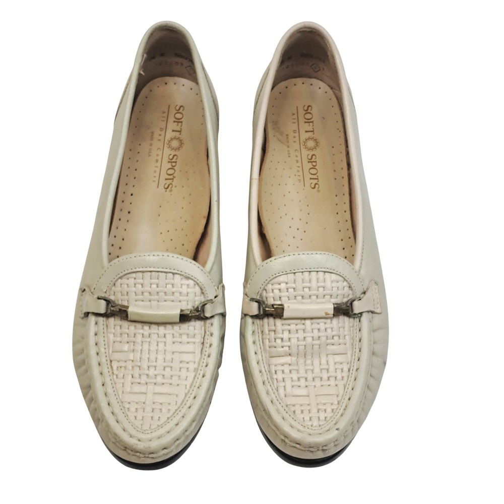 Soft Spots Womens Cream Leather Basketweave Bit Loafers Low Wedge Shoes Size 7M